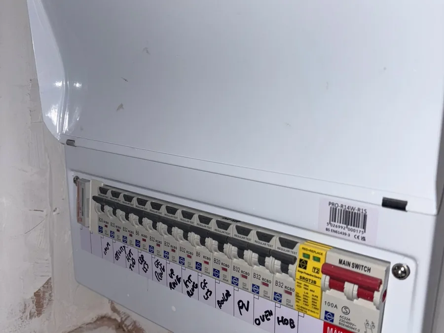 Modern consumer unit with individually labelled RCBO circuits